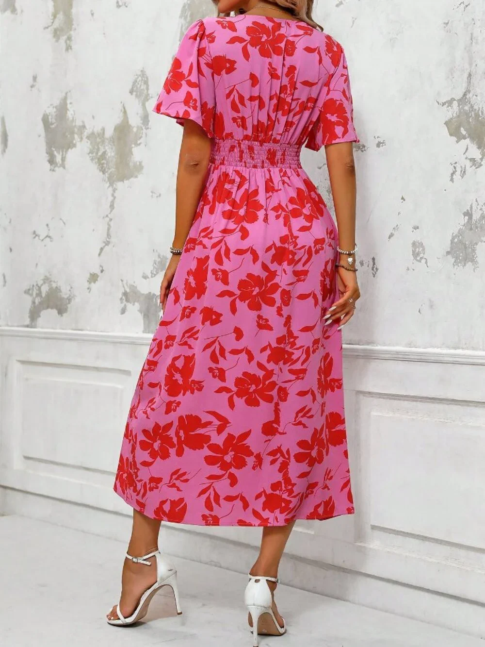 Pink Boho Women's Plant Print V-Neck Short Sleeve Maxi Dress with Side Slit - Picture 2 of 7